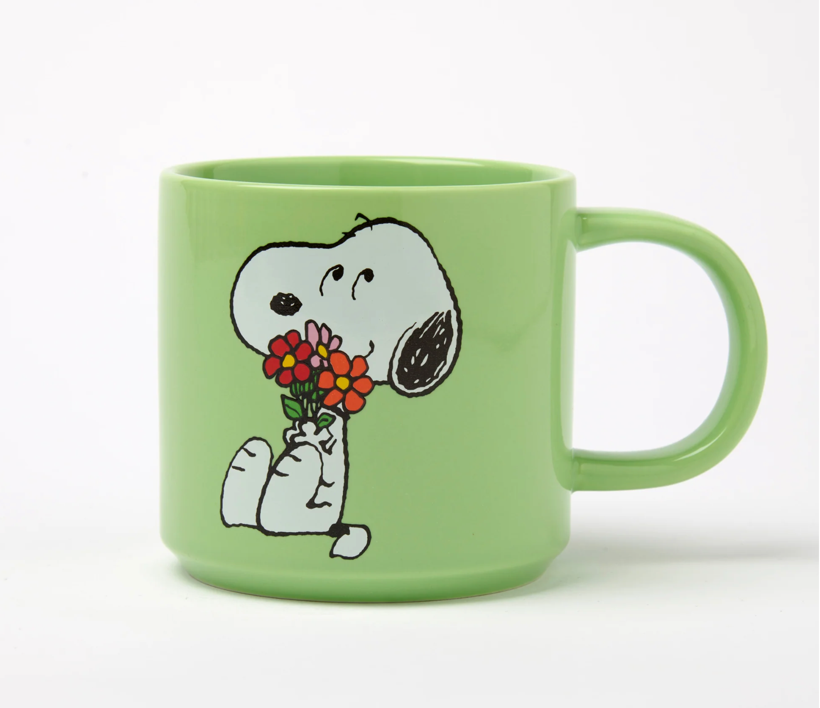 pastel green mug with snoopy sat holding a colourful bunch of flowers 