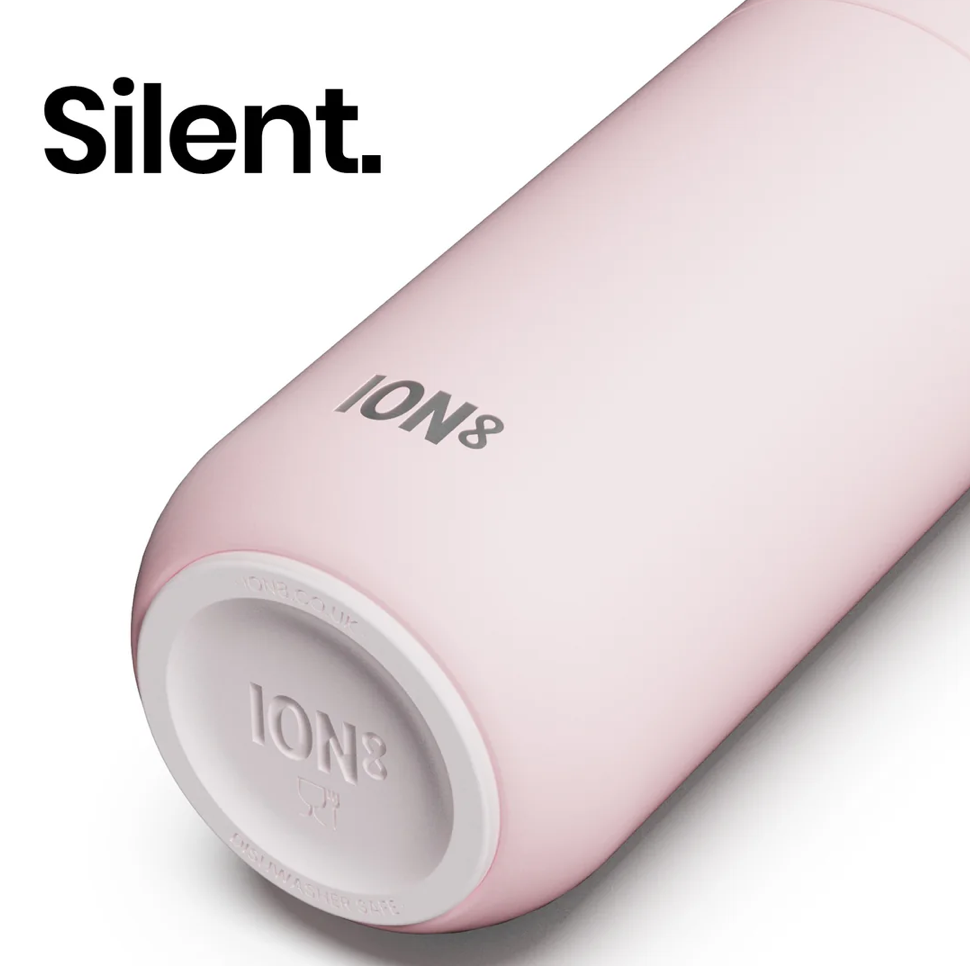 A close-up of a pink cylindrical water bottle, showing the 'ION8' logo printed on its side and embossed on the white circular base. The word 'Silent'.
