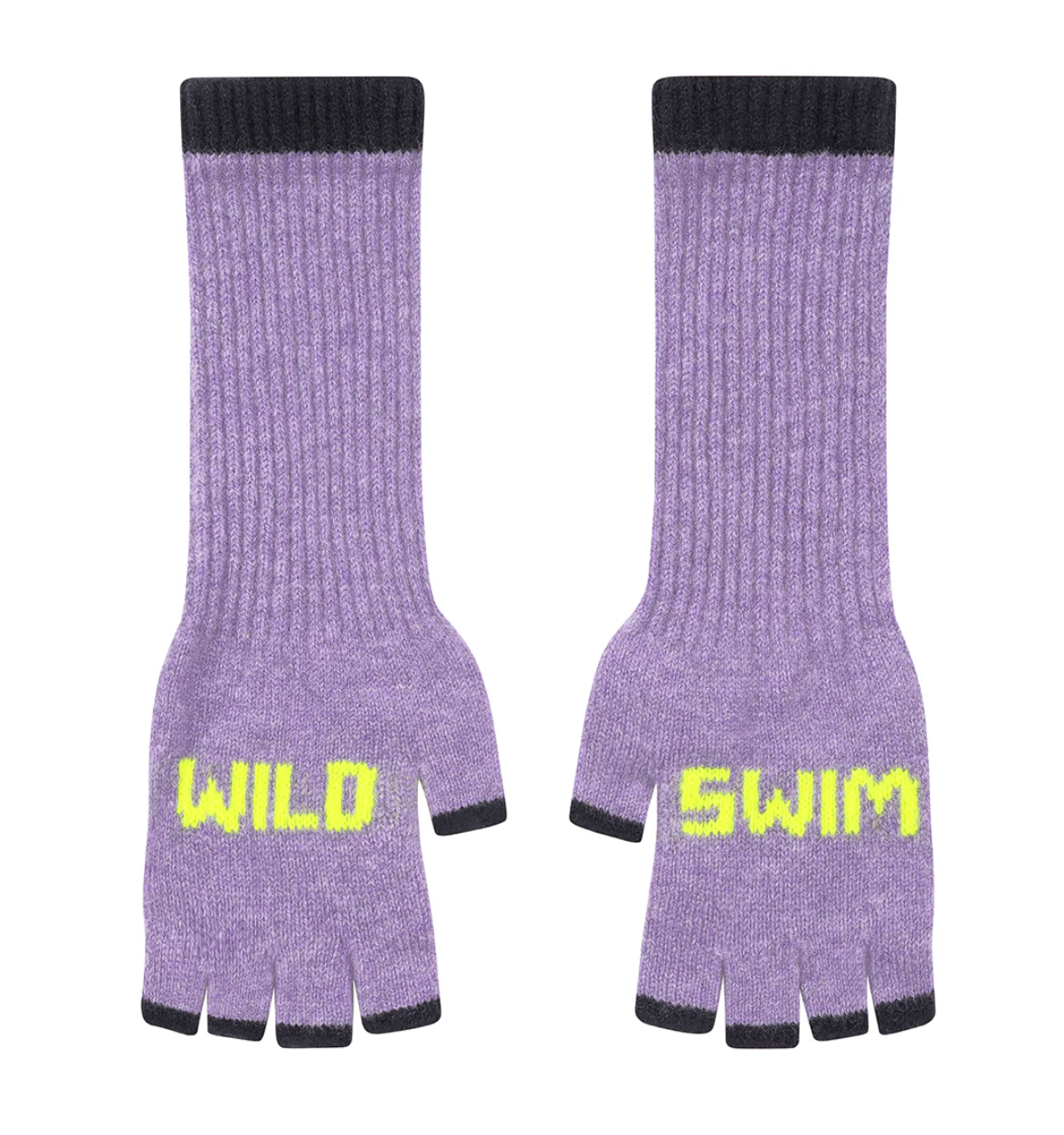Pair of purple fingerless gloves with navy cuffs and bottom edges, featuring 'WILD SWIM' text in neon yellow on a white background.