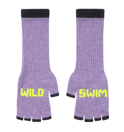 Pair of purple fingerless gloves with navy cuffs and bottom edges, featuring 'WILD SWIM' text in neon yellow on a white background.
