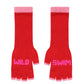 Pair of red fingerless gloves with pink cuffs and bottom edges, featuring 'WILD SWIM' text in neon pink on a white background.