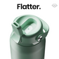 A close-up of a mint green 'Flatter'. reusable bottle lid with a flip-up straw spout and carrying loop, shown on a white background with 'Flatter'.
