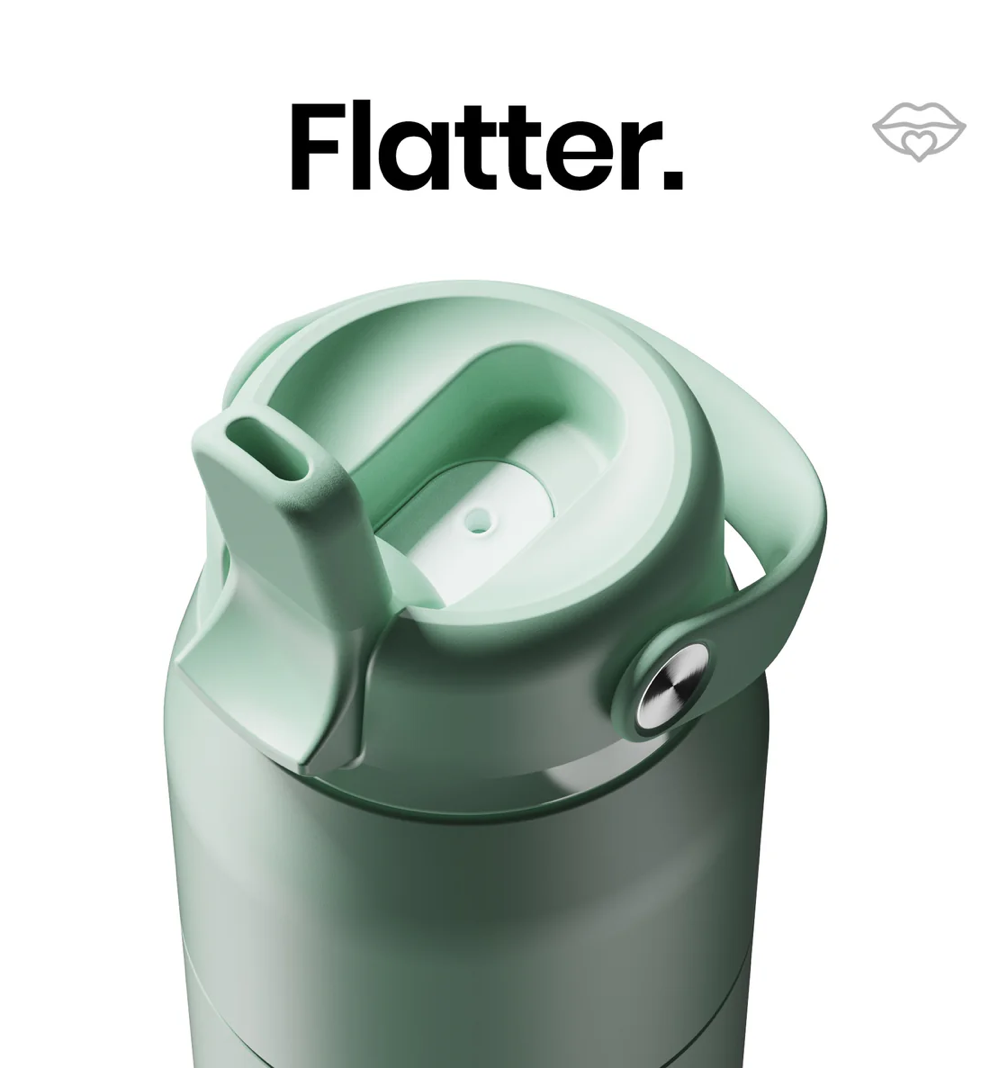 A close-up of a mint green 'Flatter'. reusable bottle lid with a flip-up straw spout and carrying loop, shown on a white background with 'Flatter'.