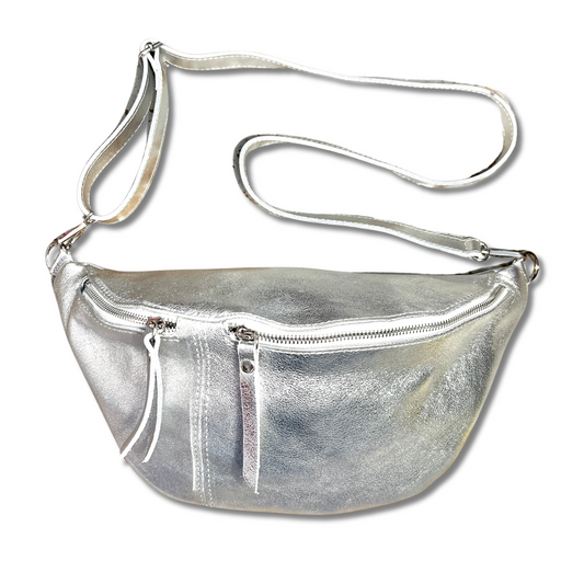 silver XL Metallic Bumbag. Silver leather sling bag