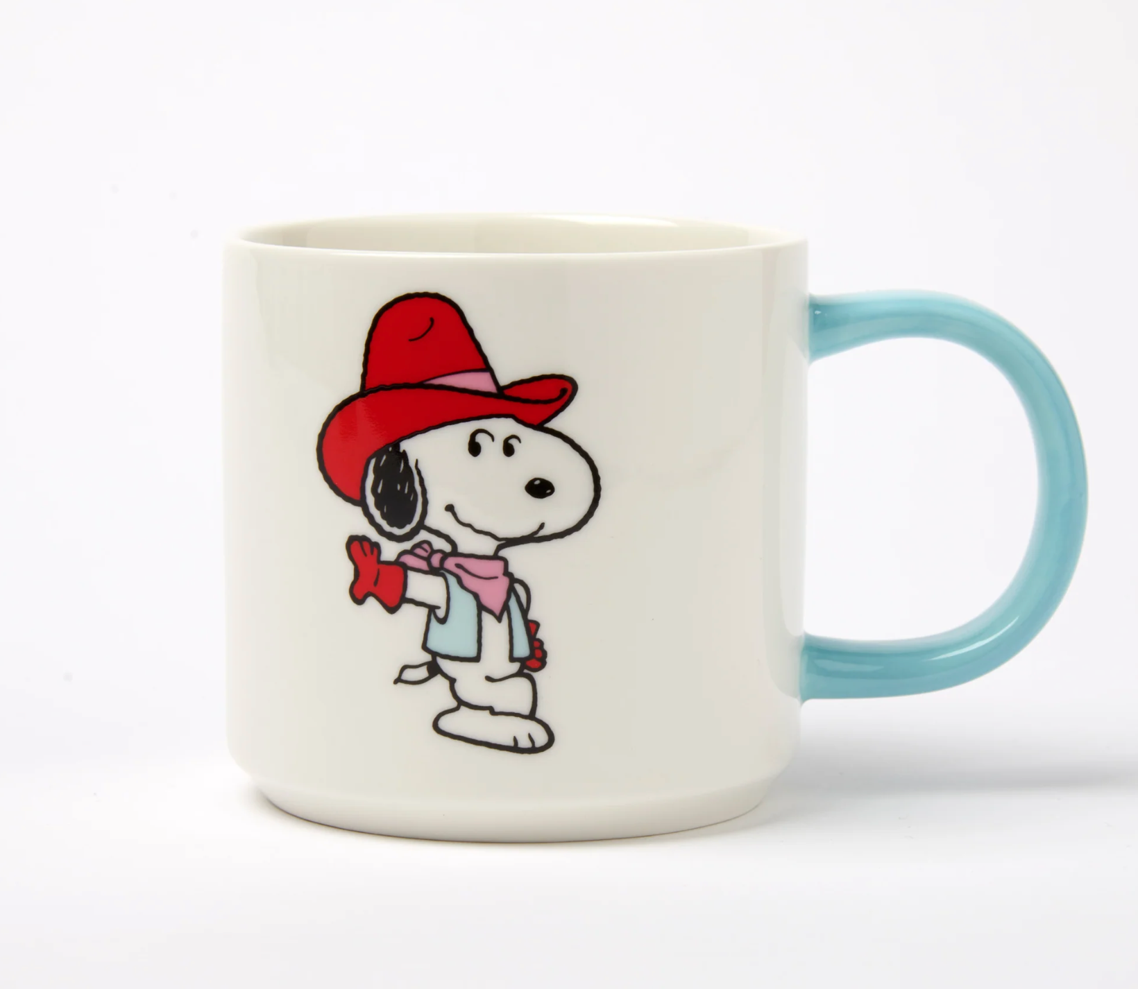 white Mug with a cartoon character snoopy wearing a red cowboy hat and a western outfit on a white background