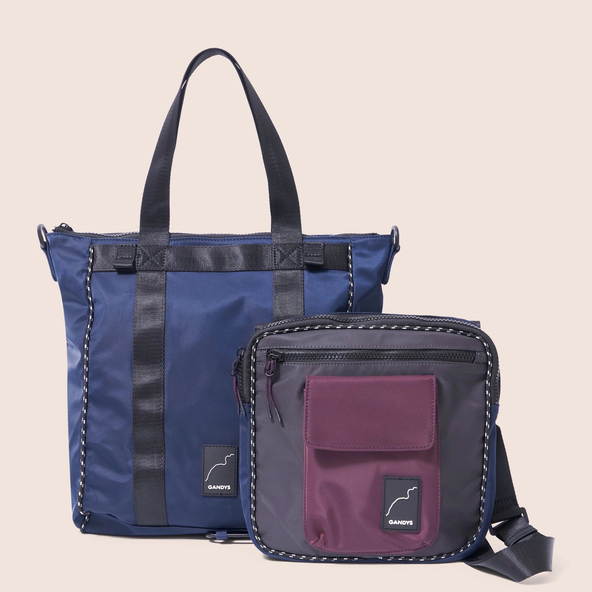 Blue and purple handbags on a beige background