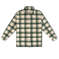 A long-sleeve button-up plaid shirt in green and cream, laid flat against a white background.
