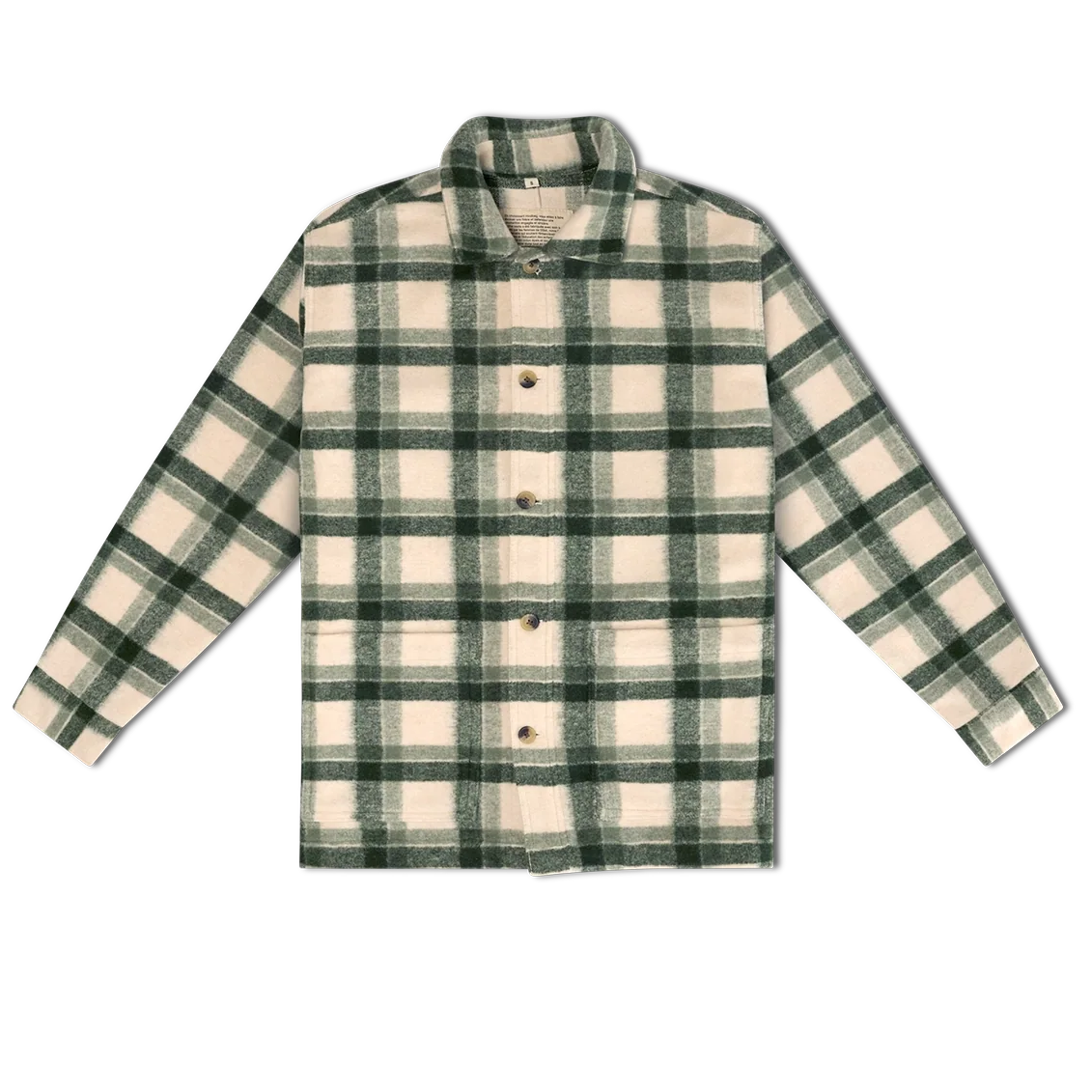 A long-sleeve button-up plaid shirt in green and cream, laid flat against a white background.