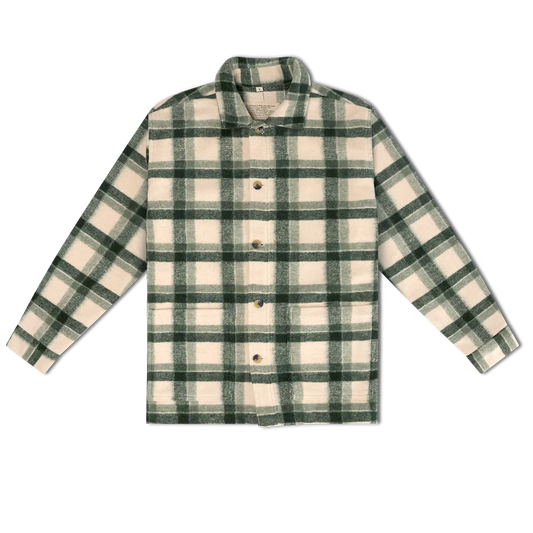 A long-sleeve button-up plaid shirt in green and cream, laid flat against a white background.
