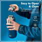 A person in a blue jacket demonstrates how to open and close a blue and stainless steel travel flask against a blue background, with text highlighting features like leakproof seal, food safety, and BPA-free.