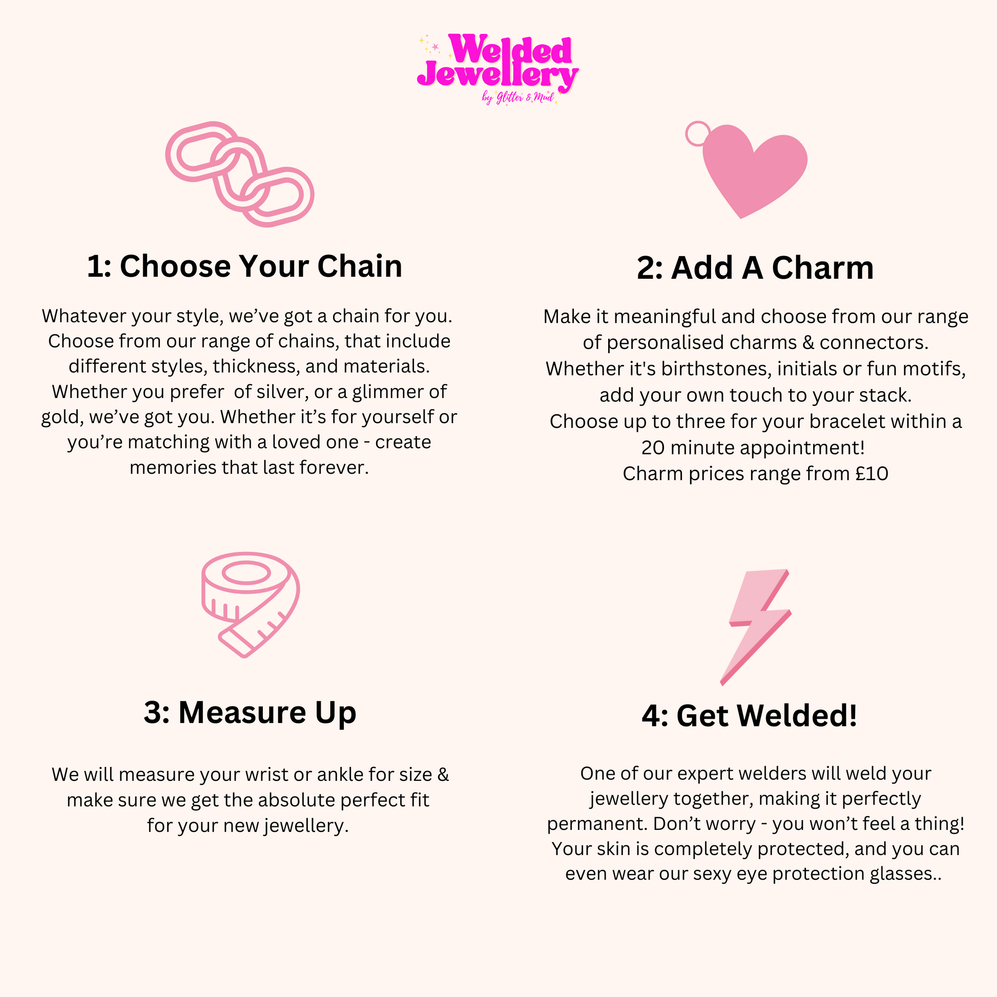 A colourful information page about the process of getting a welded bracelet or anklet at glitter and mud
