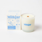 Milkjar Fresh Laundry candle and packaging, blue and white design on a white background wooden crackle wick. Plant-based coconut soy wax 40–45 hour burn time with proper wick trimming Vegan and cruelty-free