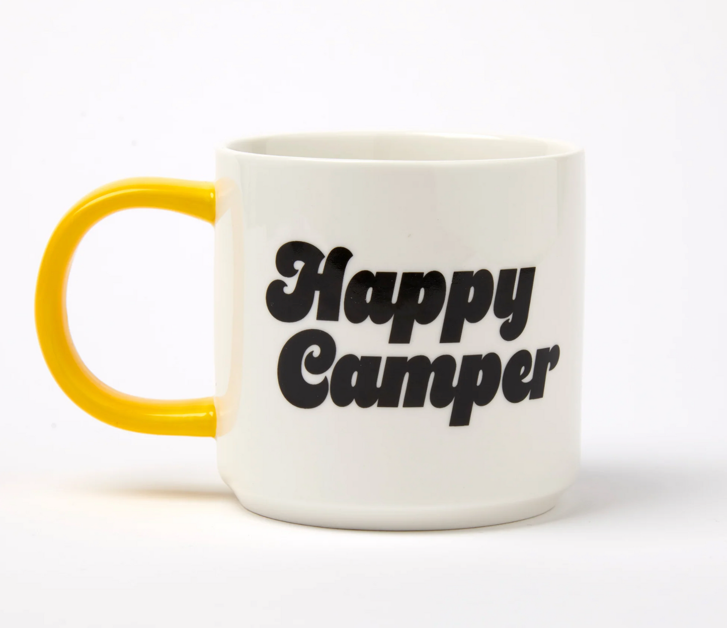 white Mug with 'Happy Camper' in black text and yellow handle on a white background
