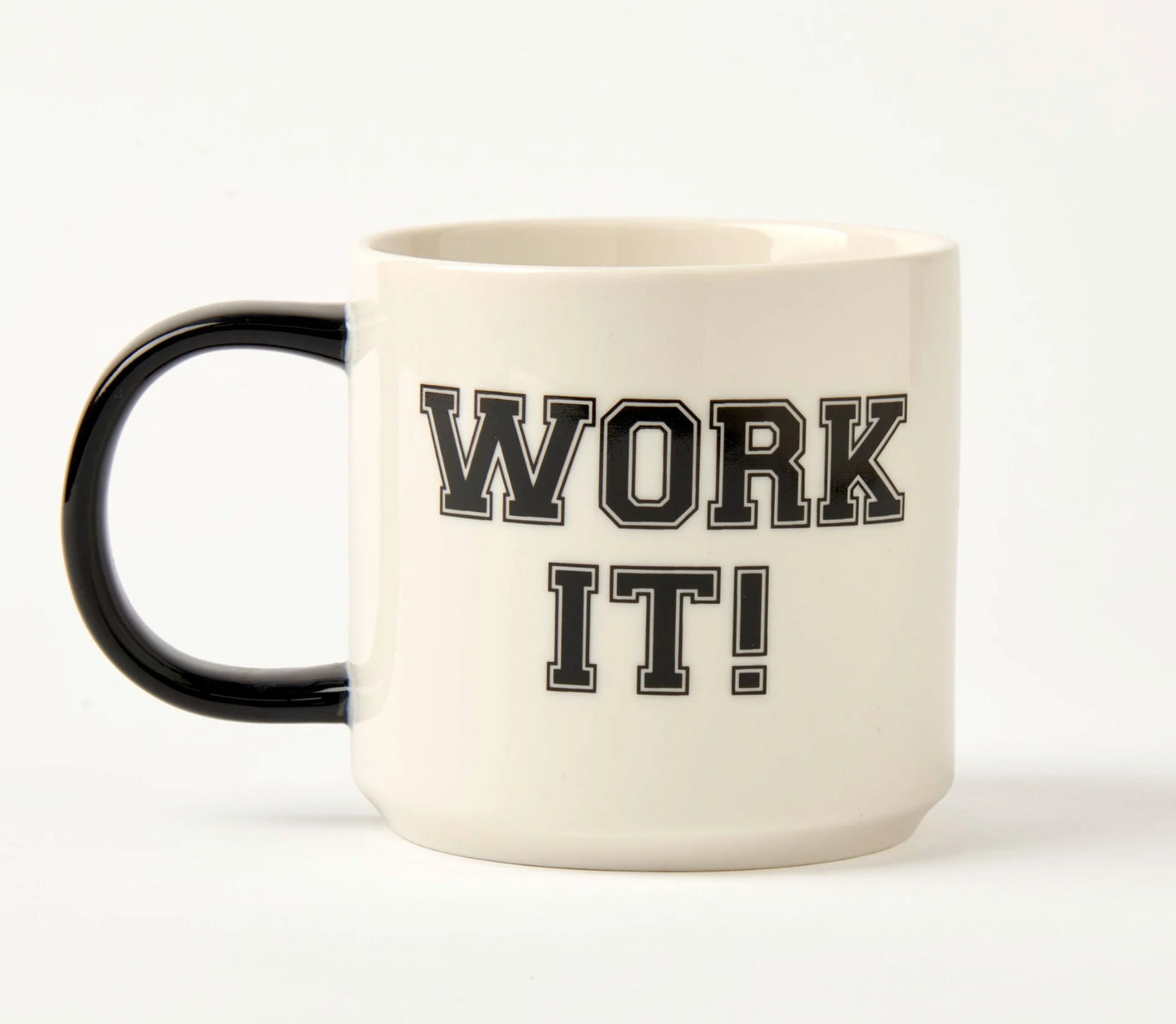 White mug with black text 'WORK IT!' on a white background