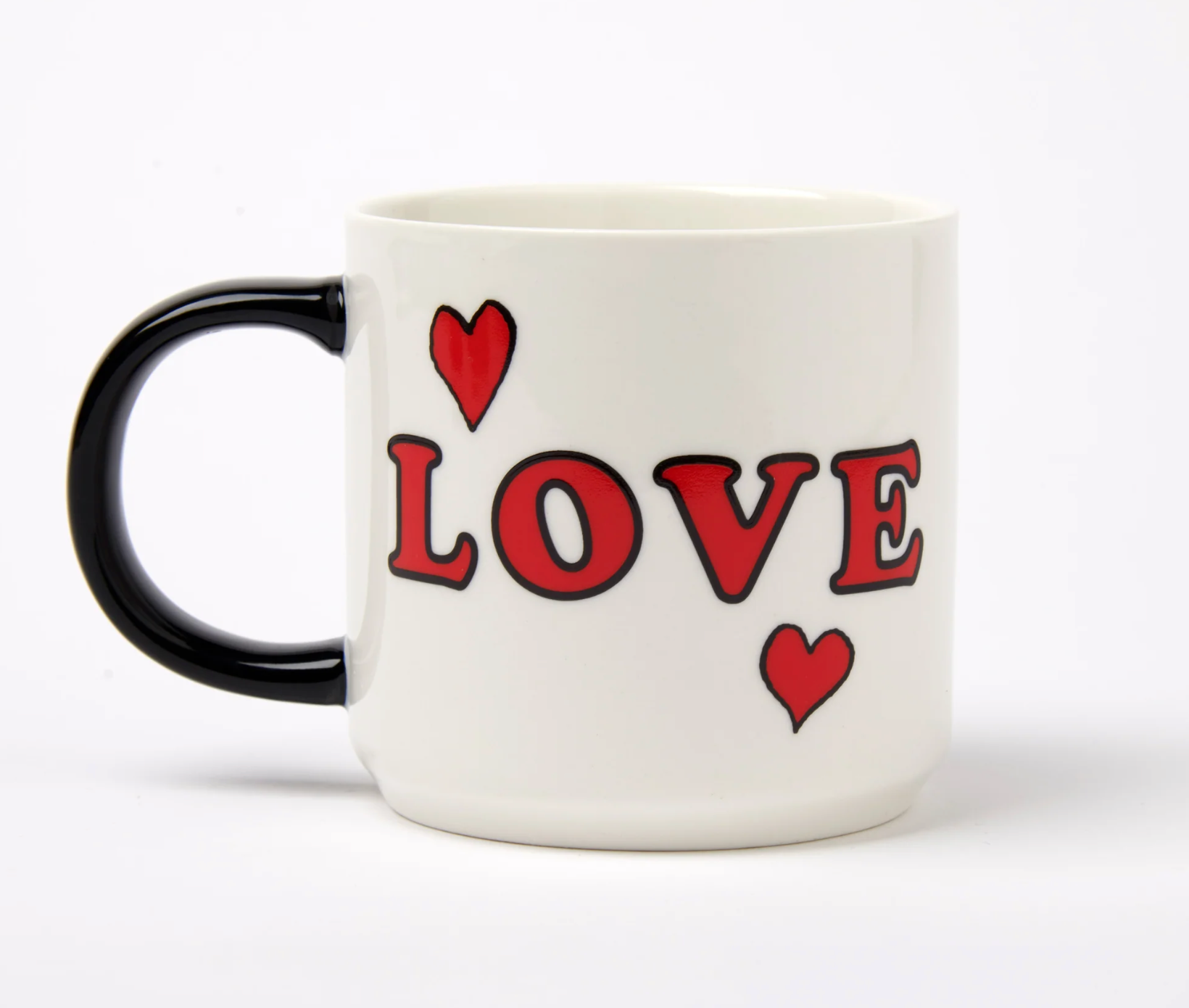 White mug with black handle featuring red hearts and the word 'LOVE' on a white background