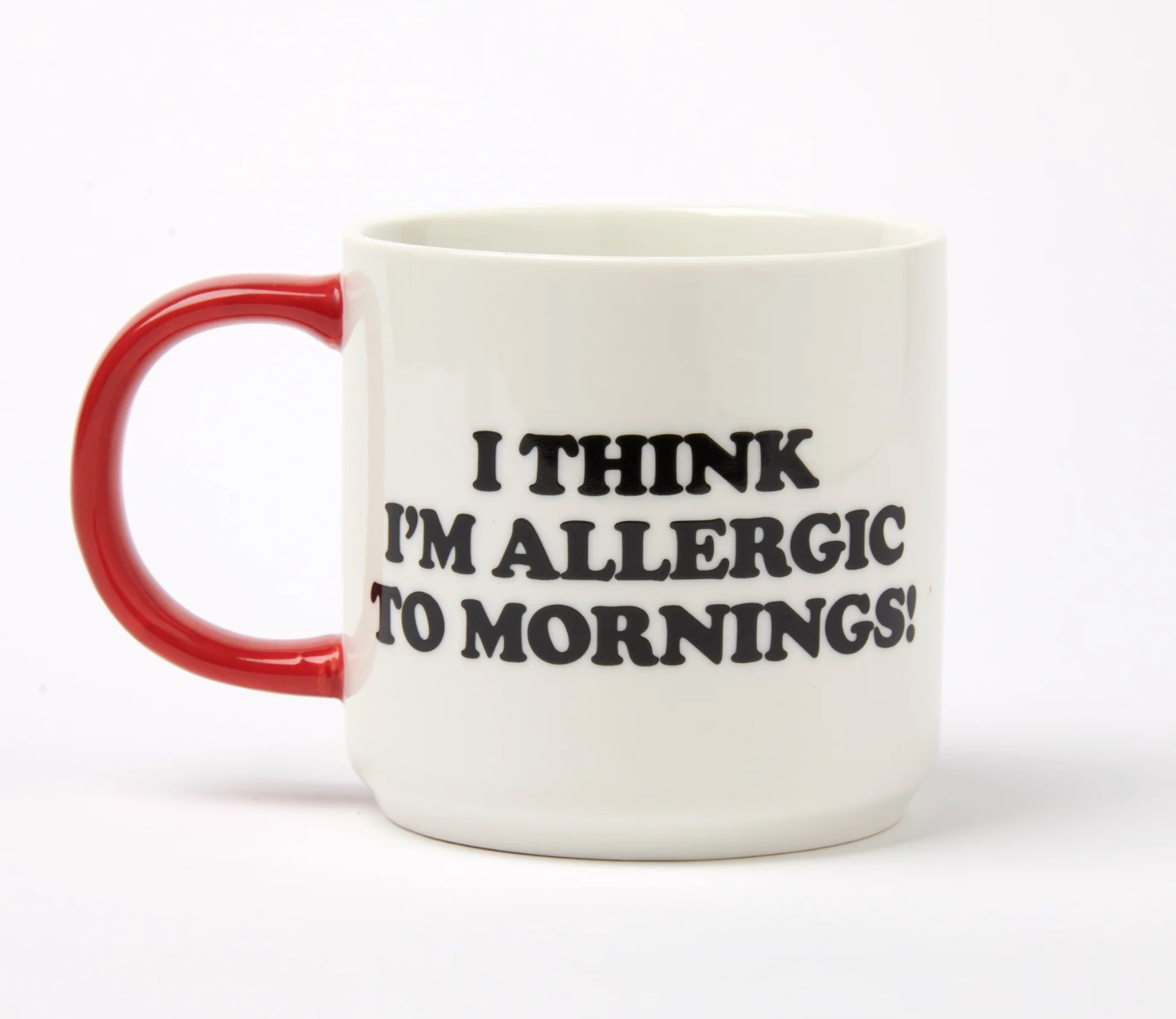 white mug with red handle and black text 'i think i'm allergic to mornings!'