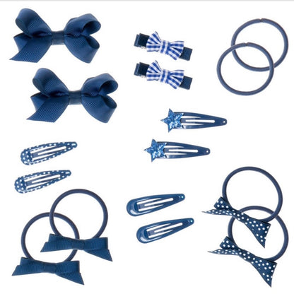 My School Hair Set -Brilliantly practical but also a really fun shool hair set gift. 16 assorted hair accessories come in either red, blue or green, and are presented in a satchel printed gift box that can be kept to store them in. Glitter & Mud