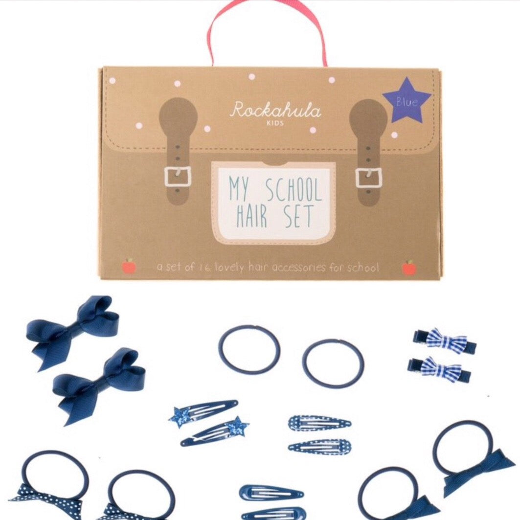 My School Hair Set -Brilliantly practical but also a really fun shool hair set gift. 16 assorted hair accessories come in either red, blue or green, and are presented in a satchel printed gift box that can be kept to store them in.  Glitter & Mud 