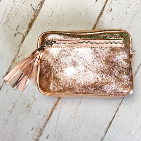 Leather camera bag. metallic gold, silver & rose gold handbag. Glitter & Mud