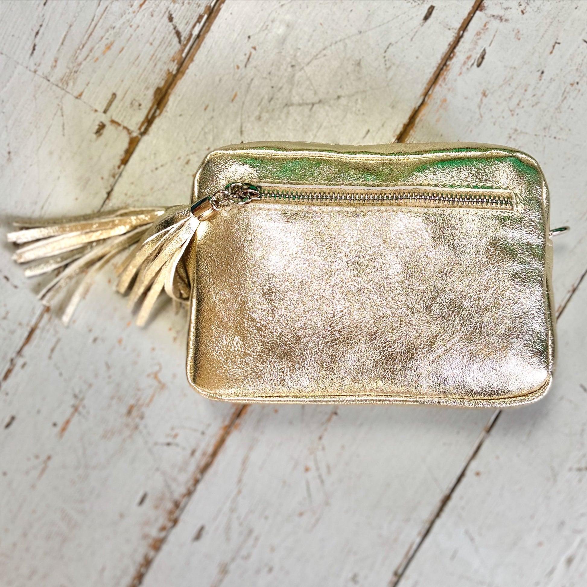 Leather camera bag. metallic gold, silver & rose gold handbag. Glitter & Mud