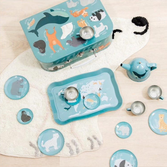 This kids tea set includes a tray, teapot, small plates, and four cups and saucers. Featuring a range of illustrated creatures from across the globe, highlighting their stories, endearing characteristics and importance in our hearts. Glitter & Mud