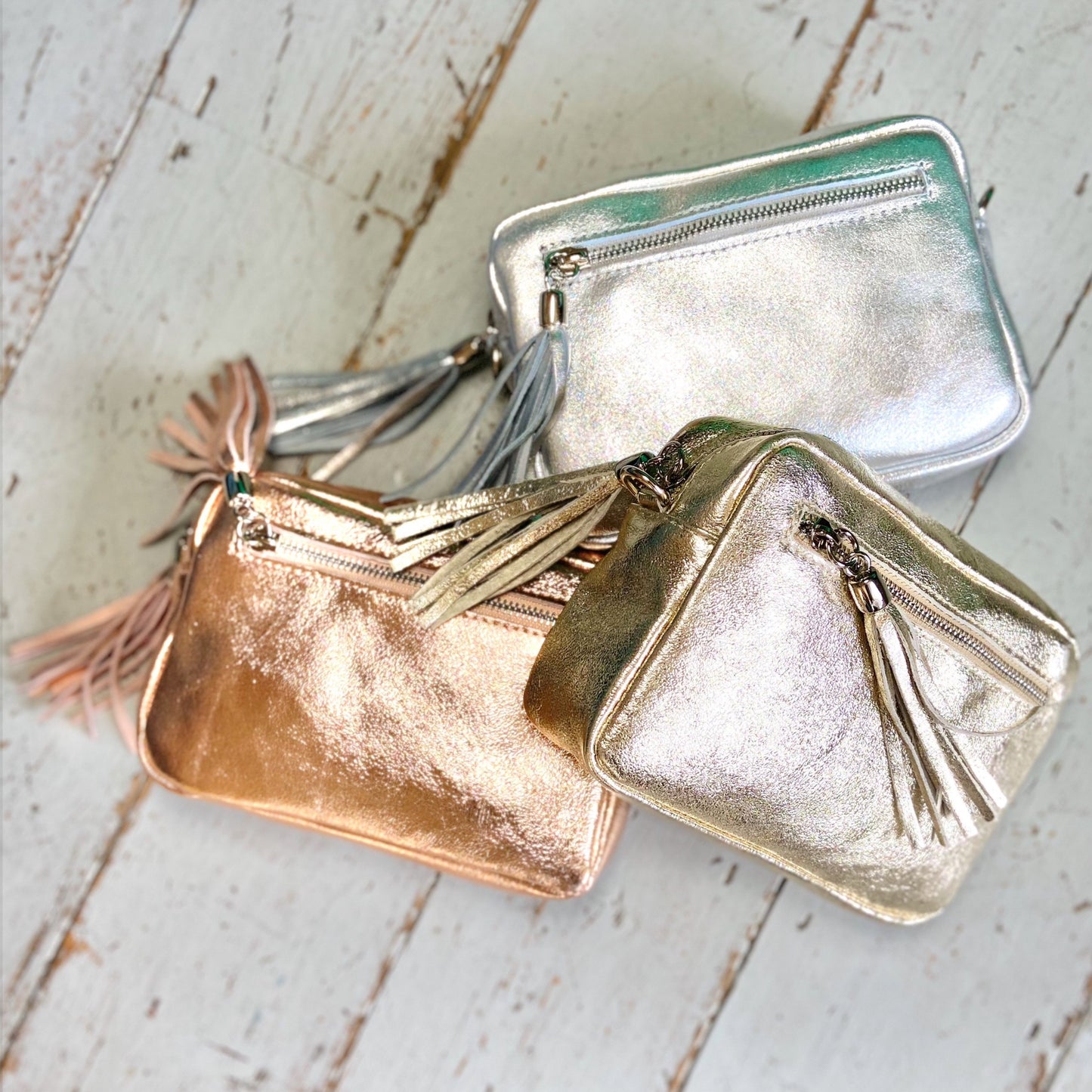 Metallic Leather camera bag. metallic gold, silver & rose gold handbag. Glitter & Mud Camera Bag - Glitter & Mud
