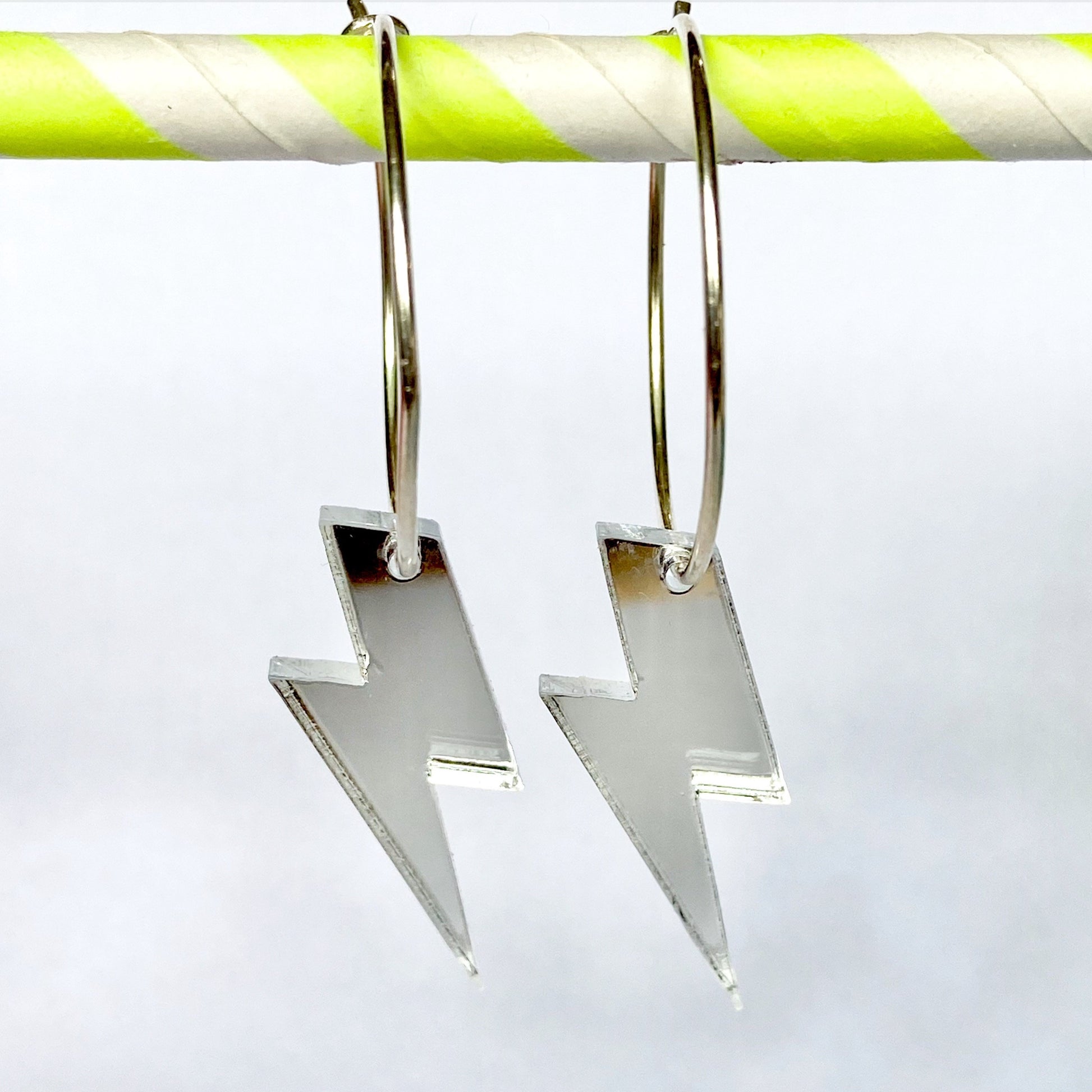 Glitter lightning bolt hoop silver & acrylic earrings