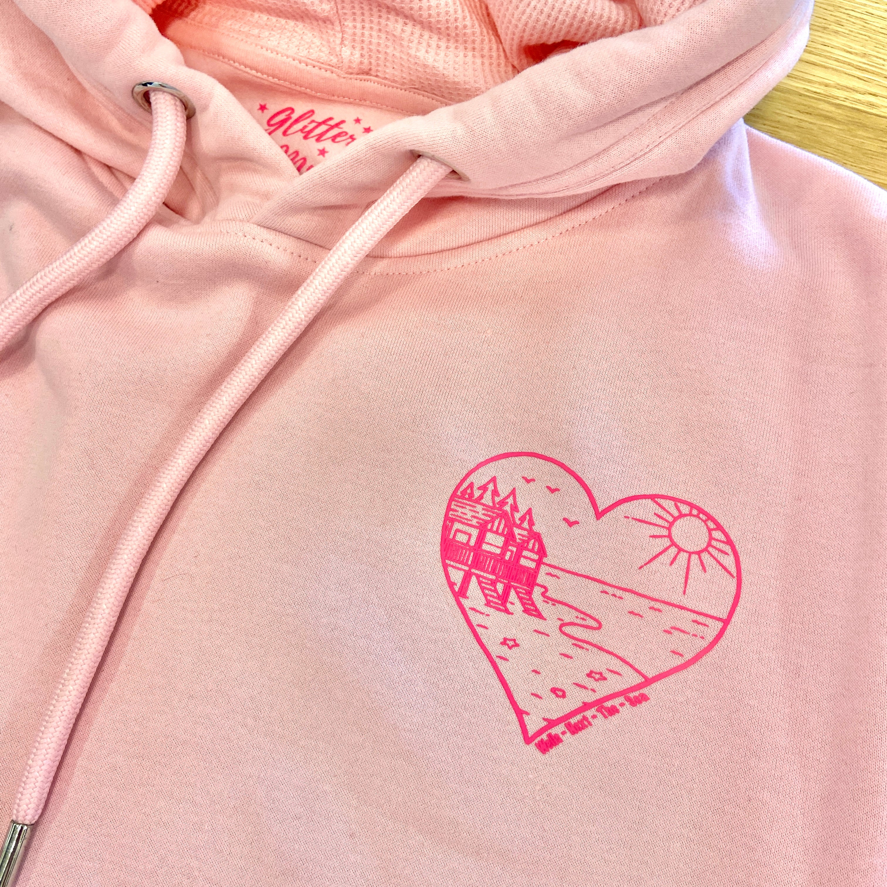 Pink Beach Hut Heart Hoodie Glitter Mud